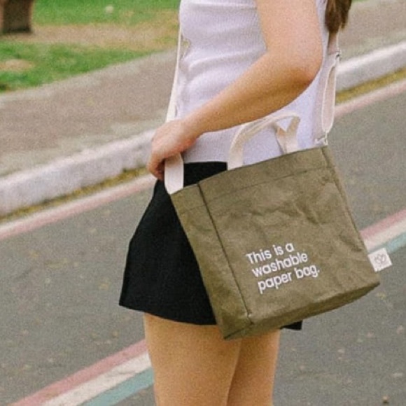 NEW “This is a Washable Paper Bag” Eco Tote Bag Paper Reusable Olive Green - Picture 6 of 7